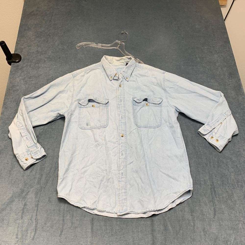 Outersport Denim Shirt Mens Large Blue Cotton Light Wash Round Hem Button Down